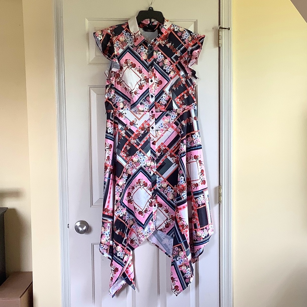 G.I.L.I. Printed Woven Button-Front Asymmetric-Hem Dress Patchwork Floral SZ 16